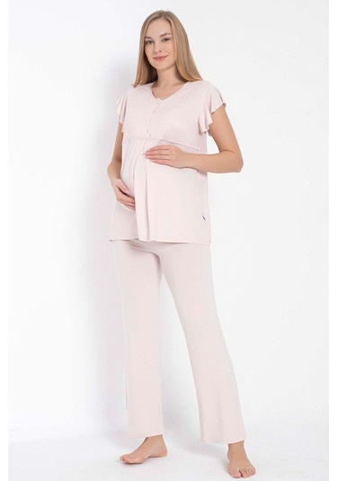 Kısa Kol Bisiklet Yaka Kadın Viskon Dantel Detaylı Hamile Pijama Takımı Sabahlık
