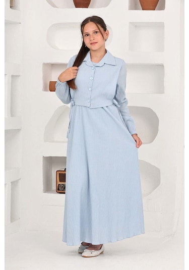 Kız Çocuk Uzun Boy Gofre Kumaş Jile & Elbise İki Parça Takım Astarlı Zarif Set-4948 Bebe Mavi Kız Çocuk Uzun Boy Gofre Kumaş Jile & Elbise İki Parça Takım Astarlı Zarif Set-4948 Bebe Mavi