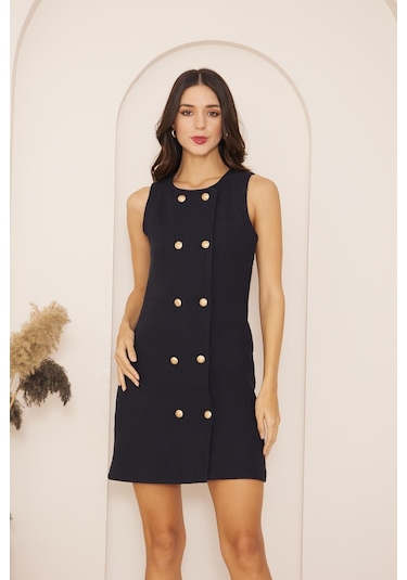 Lacivert Kolsuz Önü Düğmeli Tweed Elbise Dm1010