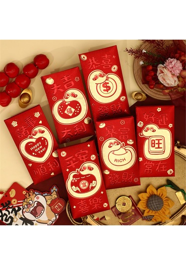 Jeemson 2025 Yılı Yılan Burcu Kırmızı Zarf Seti - Kalın Perlite Kağıt, Isı Baskılı Desenler, 6 Adet - Çok Amaçlı Yeni Yıl, Düğün, Doğum Günü