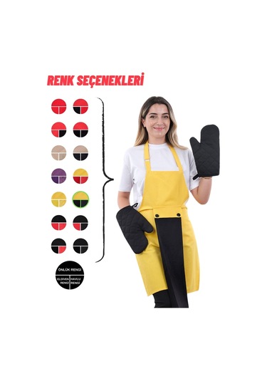 Star Ayar Askılı Havlulu 4lü Mutfak Önlüğü Seti 2 Eldiven Sarı-siyah-siyah