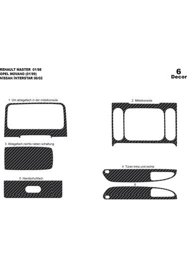 Renault Master Movano İnterstar Konsol-torpido Kaplama 1999-2003 6 Parça-karbon Karbon