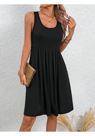 Kadın Askılı Yuvarlak Yaka Önden Pileli Viskon Elbise Siyah