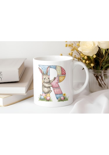 R Harfli Tavşan Kupa - Patchwork / Yamalı Desenli İsme Özel Kupa - Pastel Vintage Tarz Hediyelik 07 Beyaz
