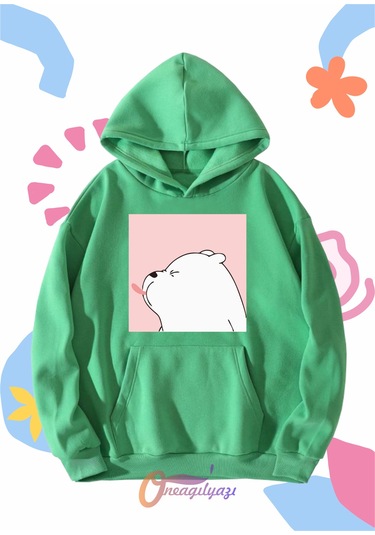 Çocuk Unisex Dil Çıkaran Köpek Baskılı Oversize Kapüşönlü Sweatshirt Yeşil