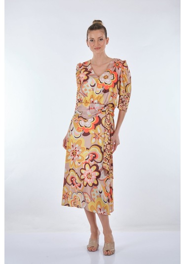 Explosion Midi V Yaka 3/4 Kol Çiçekli Elbise - Vintage Tarz Bej - Turuncu