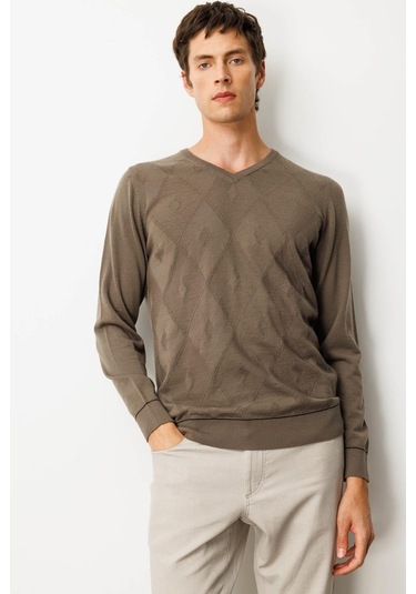 Erkek V Yaka Çizgili Baklavalı Yün Kazak Vizon Vizon