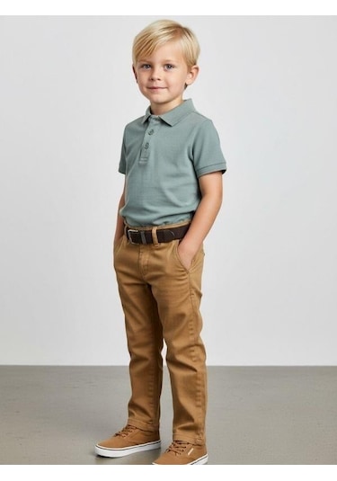 Zekids Erkek Çocuk Kemerli Gabardin Pantolon-16347 Bej