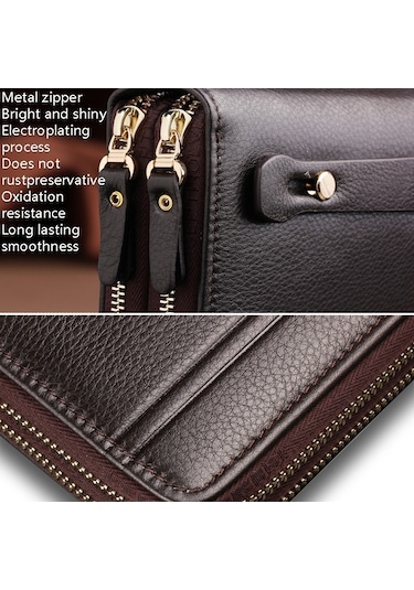 Sones Leınasen A80 Çoklu Kart Erkek El Çantası Çift Fermuarlı Büyük Kapasiteli Cüzdan Siyah