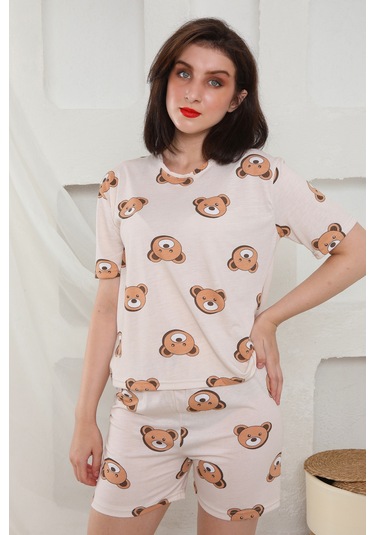 Fames Pijama Yazlık Desenli Loose Crop Şortlu Pijama Takım Krem