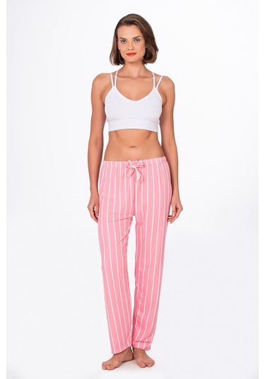 Kompedan Kadın Süet Pembe Çizgili Pijama Tek Alt Desen 14