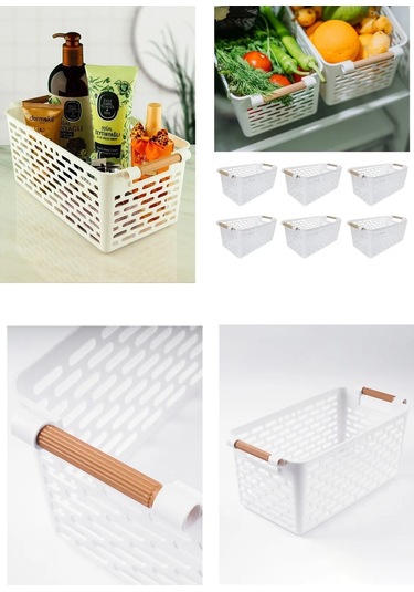 Toptanfoni 4 Adet Ahşap Renk Plastik Saplı Organizer Sepet Düzenleyici Beyaz Siyah