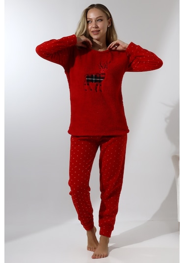 Fawn 5016 Peluş Welsoft Polar Kışlık Yumoş Geyikli Kadın Pijama Takımı Kırmızı