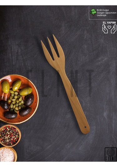Gürgen Ağacı Elyapımı Tahta Ahşap Mutfak Yemek Servis Çatalı 28cm Ahşap