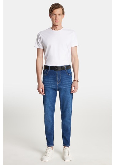 Erkek Straight Fit Bol Kesim Denim Yıkamalı Efektli Esnek Mavi Jean Kot Pantolon-34087 Mavi