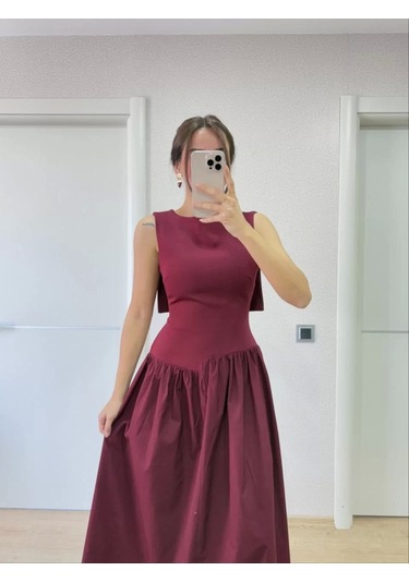Krep Arkası Kanat Arka Ön Pens Detaylı Uzun Kadın Elbise - Bordo Bordo