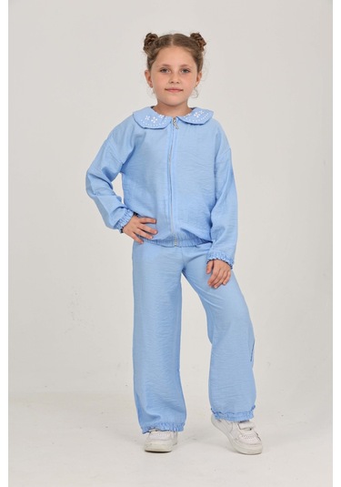 Toontoy Kız Çocuk Yaka Nakışlı Eşofman Takım Açık Mavi