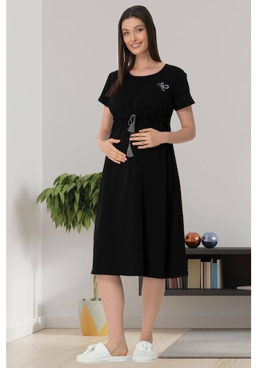 Mecit 5427 Bayan Siyah Emzirme Özellikli Hamile Lohusa Elbisesi