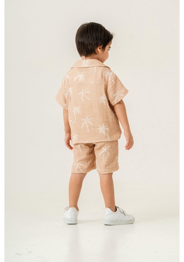 2'li Erkek Çocuk Kahve Rengi Desenli Keten Şortlu Takım-1184 Kahverengi