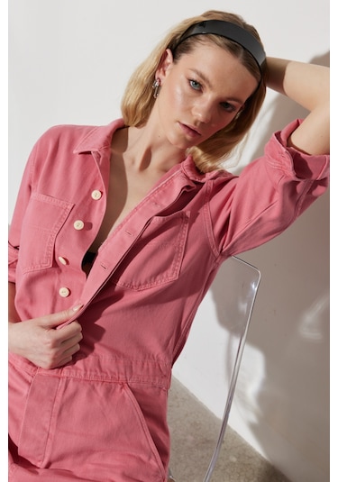 Kick Flare Regular Fit Normal Kesim Gömlek Yaka Geniş Paça Pembe Tulum W237XMP63 Pembe
