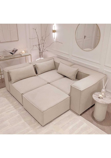 Relax Soft Köşe Takımı 4 Modül Krem Kadife Babyface 03 Krem