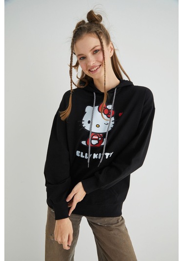 Hello Kitty Lisanslı Baskılı Kapüşonlu Oversize Fit Sweatshirt Renkli