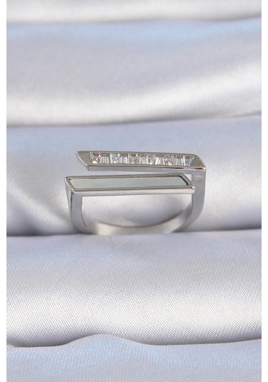 Pirinç Gümüş Renk Zirkon Taşlı Beyaz Sedef Detay Kadın Yüzük - Ebj241012w28590 Bakır