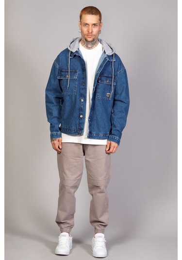 Erkek Mavi Kapüşonlu Çıkarılabilir Kapüşonlu Oversize Kot Cek... Mavi