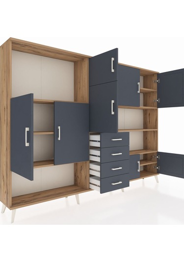 Arges Dolap 9 Raflı 4 Çekmeceli 8 Kapaklı 220x30x163 Çam-antrasit Çam-antrasit