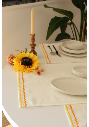 Yakacihome Ziggy 5 Parça 4 Parça Amerikan Servis & 1 Parça Runner Duck Keten Yıkanabilir Leke Tutmaz Set Krem