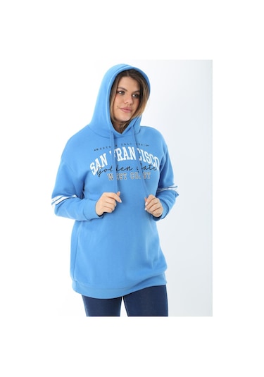 Kadın Büyük Beden Mavi İçi Şardonlu Üç İplik Kapşonlu Sweatshirt 65n37464-mavi Mavi