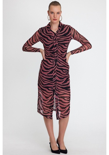 Quhox Kadın Zebra Desenli Elbise Fuşya