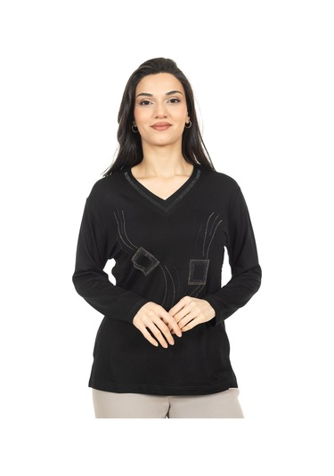Kadın Orta Yaş Ve Üzeri Yeni Model V Yaka Taş İşlemeli Anne Penye Bluz 30560-siyah Siyah