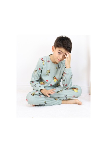 Erkek Çocuk Baskılı İnterlok Kumaş Uzun Kollu Pijama Takımı Açık Yeşil