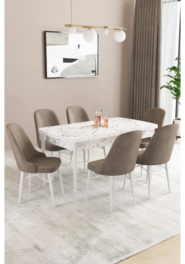 Sar Pakete Almira Serisi, Beyaz Mermer Desen 80x132 Açılabilir Mdf Mutfak Masası Takımı 6 Adet Sandalye Cappucino
