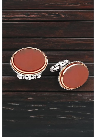 Gümüş Akik Taşlı Oval Kol Düğmesi -5782 Gümüş