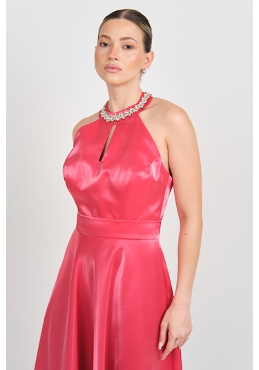 Saygın Kadın Halter Yaka Saten Midi Abiye Elbise 5624 Kırmızı Kırmızı