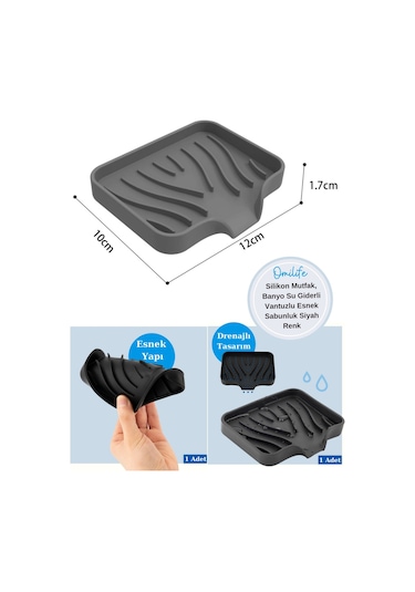Silikon Mutfak, Banyo Su Giderli Vantuzlu Esnek Sabunluk Siyah Re