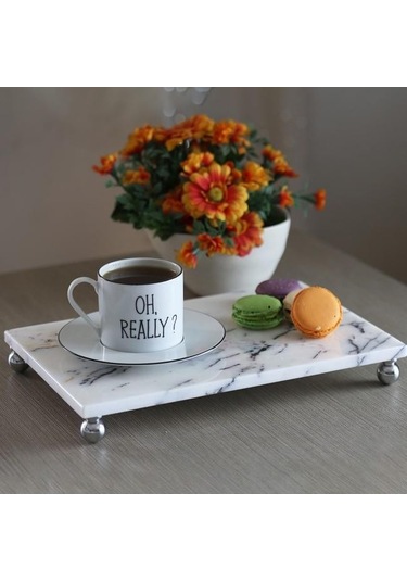 Akayev Mermer Leylak 30x20 Cm Gümüş Boncuk Ayak Sunum Tabağı Beyaz