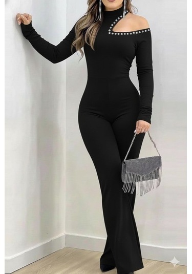 S-pazarım Kadın Tek Omuzdan Açık Balıkçı Yaka Taş Detaylı Uzun Ithal Krep Tulum Siyah