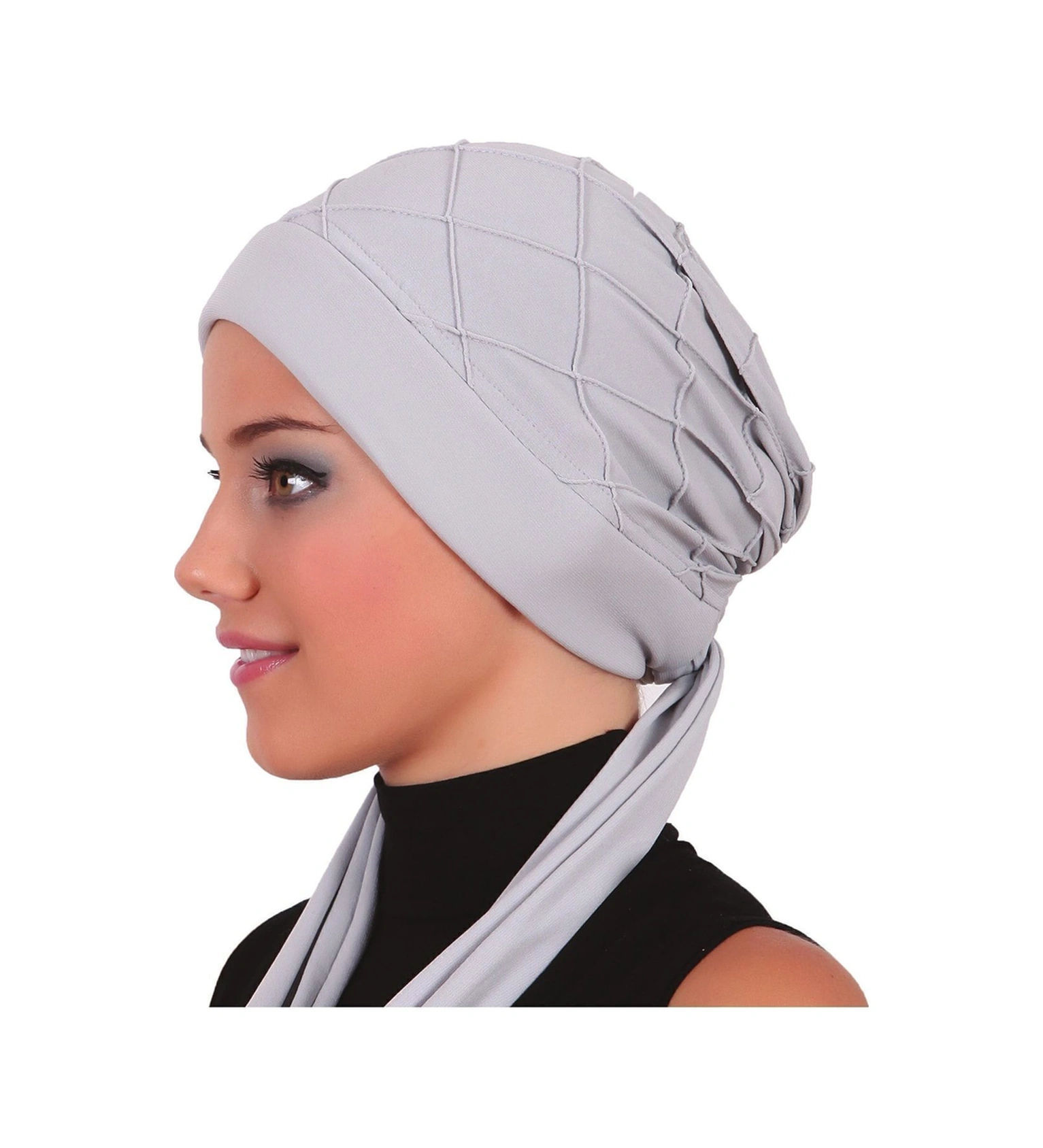 Nervürlü Bağlama Açık Gri Hazır Türban Tesettür Bone Açık Gri