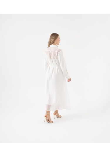 3d Çiçek Aplikeli Kuşaklı Gömlek Elbise Ekru