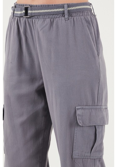 Lela Pamuklu Standart Fit Normal Bel Lastikli Paça Kemerli Jogger Bayan Pantolon 668Yp5045 Gri