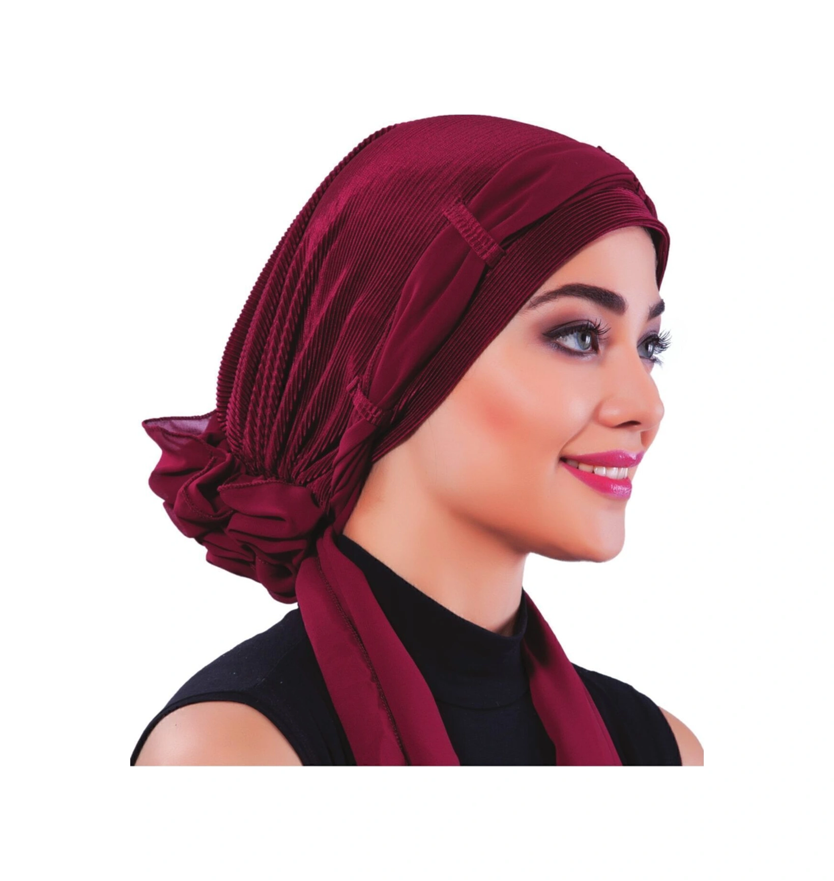 Plise Fularlı Arkası Şifon Incili Çiçek Aksesuarlı Bordo Hazır Türban Tesettür Bone Bordo
