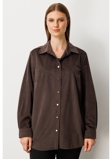 Ekol Kadın Büyük Beden İnce Fitilli Kadife Gömlek 3545 Kahverengi Kahverengi