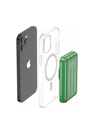 Led Göstergeli Kablosuz Magsafe Uyumlu 10000 Mah Powerbank Usb Ve Type-c Portlu, Wireless 5w Şarj Yeşil