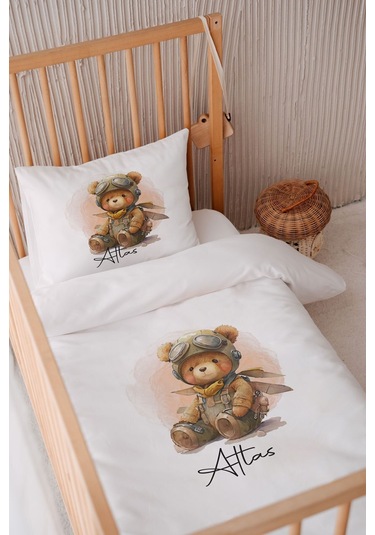 %100 Pamuk Saten Isme Özel Isimli 100x150 Bebek Yatak Nevresim Seti Pilot Ayıcık