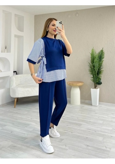 Kadın Kristal 2 Iplik Kumaş Yanları Çizgili Takım Saks