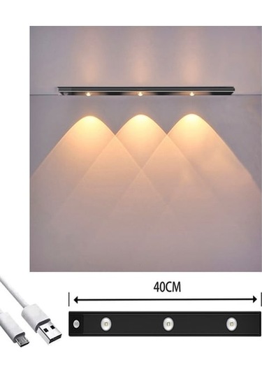 Slim Led Kabin Armatürü Hareket Sensörlü Dekoratif Gece Lambası Usb Şarjlı Aydınlatma 40 Cm Siyah 3w Siyah