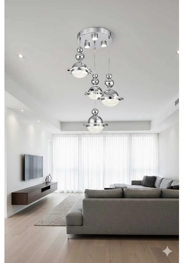 Bohem Aydınlatma Krom 3+1 Şapkalı Sarkıt 3 Renk Led Ayarlanabilir Başlıklı Modern Avize Krom